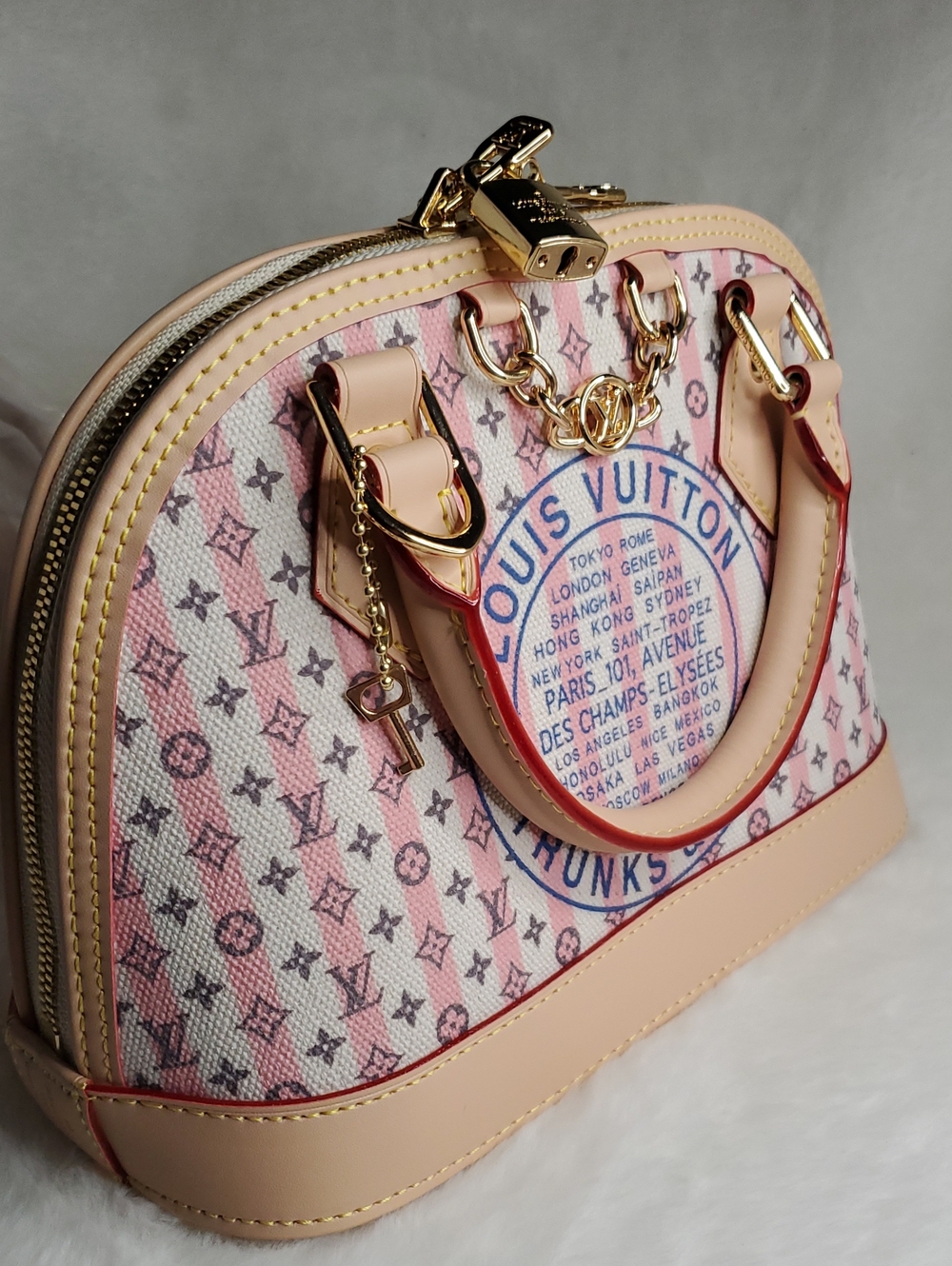 Alma Lv Pink & Cream Monogram Dome Satchel with Gold Hardware